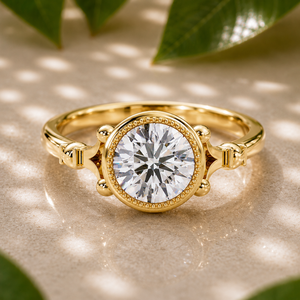 Bagues de fiançailles solitaires vintage avec diamant de laboratoire rond serti clos, certifiées IGI, en or jaune 14K, bordure milgrain, fabricant - Product Image 1