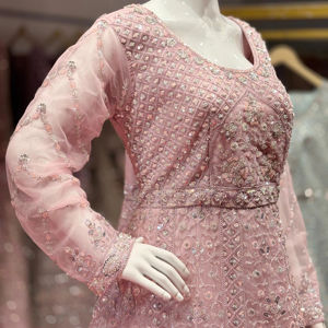 Fancy Party Wear Lehenga en tissu de filet de couleur claire avec des mèches pleines de travail à la main et une broderie Jarkan - Product Image 1