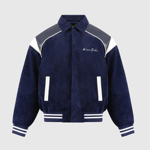 Veste universitaire à capuche bleu marine avec bandes à col montant en cuir végétalien Épaule Logos de broderie personnalisés Séchage rapide Respirant - Product Image 2