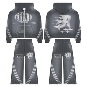 2024 personnalisé hommes 2 pièces ensemble évasé survêtement Baggy survêtements sérigraphie Logo empilé pantalon survêtement unisexe hiver - Product Image 2