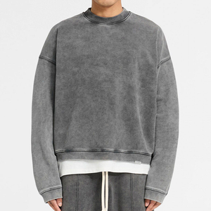 Washed <b>Grey</b> Oversized <b>Sweatshirt</b> Men's Fleece Pullover Cotton Blend Crewneck Long Sleeve Vintage Fade Streetwear Embroidered - Product Image 1