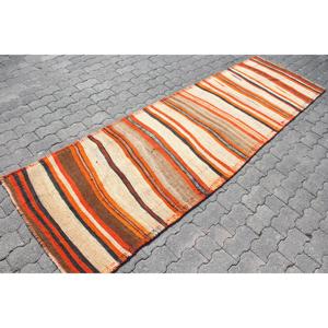 Alfombra Turca Kilim de 2.9x9.4 pies (88x287 cm), Alfombra Vintage con Diseño de Cuadros Naranja - Product Image 3