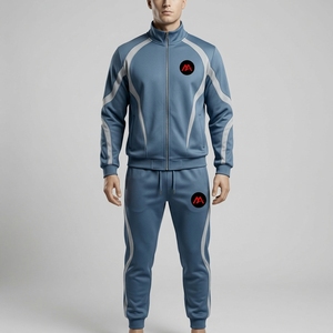 Ensemble de survêtement d'hiver pour homme bleu ardoise avec veste zippée intégrale et pantalon de jogging à empiècements blancs incurvés – Tenue de sport pour l'entraînement et la gym - Product Image 1