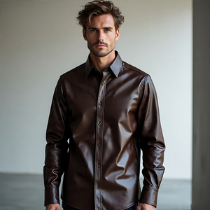 Camisa de piel de oveja auténtica para hombre, prendas de vestir exteriores abotonadas con doble bolsillo y cierre de botón de cuerno con cuello vuelto, venta al por mayor - Product Image 6