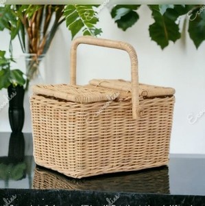 Vintage <b>Wicker</b> Bamboo Wooden Top Picnic <b>Basket</b> Set <b>With</b> Wooden Handle and Double <b>Lid</b> Outdoor Rattan Woven <b>Basket</b> Picnic <b>Basket</b> - Product Image 6