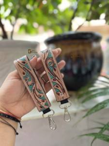New Arrival Stylish RFID Feature Turquoise <b>Leather</b> Keychain Hand <b>Tooled</b> Real <b>Leather</b> Keyrings - Product Image 3