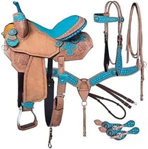 Sillín occidental de carreras de barril de cuero puro genuino azul ligero con accesorios a juego - Product Image 2