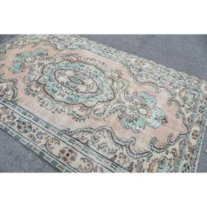 Tapis Turc Vintage Beige Vert 5.8 X 9.2ft Laine Tissage Plat Patchwork Motif pour Salon Décor 4m Largeur avec Support en Latex - Product Image 4