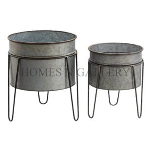 Kit de macetas para jardín al aire libre con forma de flor grande de hierro de Metal galvanizado Vintage de alta calidad con acabado antiguo incluido - Product Image 1