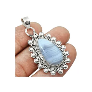 Pendentif pour femme en argent sterling 925 avec pierre précieuse naturelle Agate Bleue Dentelle, design ethnique filigrané, bijoux OEM ODM, vente en gros indienne - Product Image 1