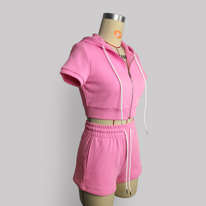 ผู้หญิงโลโก้ที่กําหนดเองสบายๆ 2 ชิ้นชุดสูทที่กําหนดเองฤดูใบไม้ผลิ-ฤดูร้อนขนแกะเทอร์รี่ผ้าซิปพืชยอดนิยม Hoodie ชุดสั้นผู้หญิง - Product Image 5