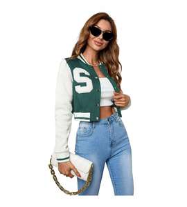 Haute qualité Patch broderie femmes collège personnalisé Baseball Bomber Letterman culture cuir manches université veste haut court - Product Image 1