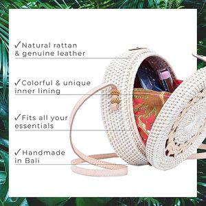 Bolso redondo tejido de ratán ecológico de alta calidad con asa de cuero Bolso de ratán natural para mujer para viajes de moda - Product Image 4