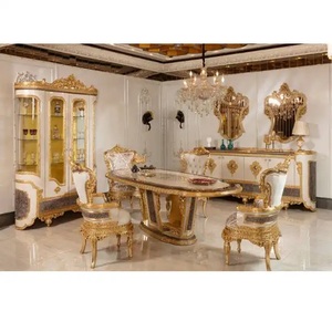 Ensemble de meubles de salle à manger de style européen poli à l'or Table à manger majestueuse sculptée à la main Table à manger luxueuse en bois de teck - Product Image 1