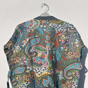 Handmade Boho Kantha Coat for Women Long Cotton Kimono <b>Quilted</b> Indian Robe with Colorful Grey Paisley Pattern Best Winter Gifts - Product Image 3