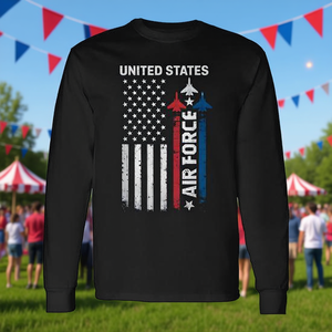 T-shirt patriottica a maniche lunghe dell'Aeronautica Militare degli Stati Uniti con bandiera americana del 4 luglio per uomo e donna, magliette promozionali - Product Image 3