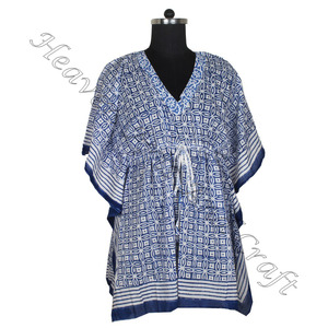 100% algodón Mujer ropa de dormir bloque de mano estampado Kaftan vestido KFCS095 peso ligero mujeres Casual ocasión desgaste corto caftán vestido - Product Image 2