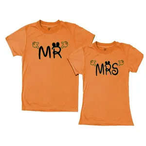 Keluaran baru kaus cetak Mr & Mrs Wanita cocok warna polos Gorgios pakaian Pasangan rajutan tangan Label kustom OEM