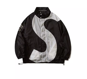 Men's Black White Color Blocking Windproof <b>Racer</b> <b>Jacket</b> Stand Collar Zipper Closure Patch Design Sporty Style Autumn Wear - Product Image 1