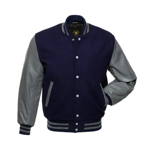 Chaqueta Bomber Universitaria con Mangas Grises y Cuerpo Azul Marino, Chaqueta Universitaria con Mangas de Cuero - Product Image 2