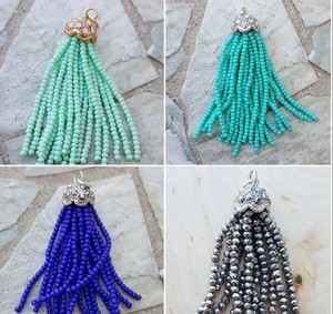 Eaded Tassel Pendant w Pave Crystal Beadcap, Choose pink Blush Green Smoke Grey <b>Turquoise</b> 2" Tassel, - Product Image 1