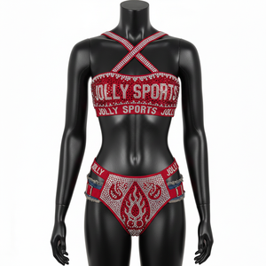 Conjunto de Bikini para Mujer, 230 GSM, Poliéster y Spandex, Tirantes Cruzados Rojos, Panel con Pedrería Hotfix, Logotipo Personalizado - Product Image 1
