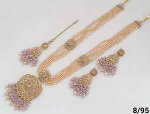 Joyería de mujer más de moda para la función de boda india CZ piedra tachonada con perla trabajo collar largo conjunto pendientes Mangtika conjunto - Product Image 2