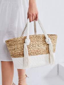 Sac fourre-tout pour femme en coton et jonc de mer de haute qualité, fermeture éclair tendance pour la plage, les pique-niques et les voyages - Product Image 1