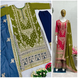 Paire de Palazzo de couleur verte de créateur de qualité supérieure en tissu faux georgette avec un travail de séquence chine pour les femmes pakistanaises - Product Image 6