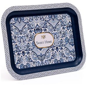 Plateau de service rectangulaire en métal 233x307mm avec motif décoratif bleu et blanc inspiré de l'azulejo - Product Image 1