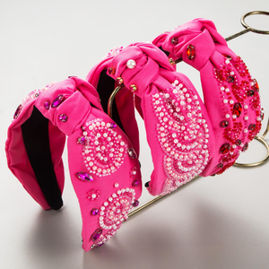 Nouveau serre-tête noué à bord large rose rouge vif, orné de perles de riz cousues à la main et de perles, accessoires pour cheveux - Product Image 6