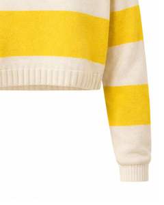 Customized Womens Yellow And <b>White</b> Striped <b>Cropped</b> Polo Sweater <b>Long</b> <b>Sleeve</b> Ribbed Hem Button Placket Casual Winter Knit <b>Top</b> - Product Image 6