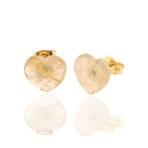 Wholesale custom fashion earring 12mm heart shape natural faceted golden rutile gemstone stud earring gold plated women jewelry