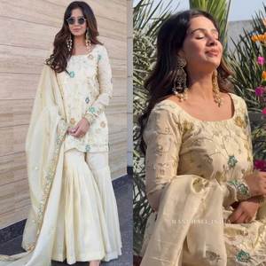 Conjunto de Kurti y Sharara hasta la rodilla de seda pura Chinon con bordado y lentejuelas, con Dupatta, para mujeres o niñas, especial. - Product Image 5