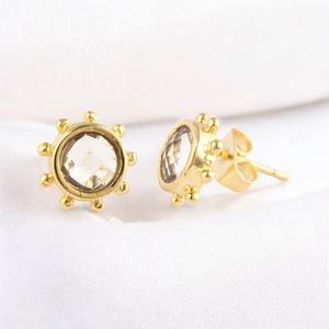 Pendientes redondos de piedras preciosas de cuarzo blanco de 8 MM-Pendientes de tendencia de plata 925-Joyería al por mayor - Product Image 1