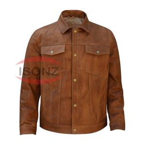 Veste en cuir décontractée de couleur tan de style poche en jean avec doublure en viscose de soie par ISONZ - Product Image 1