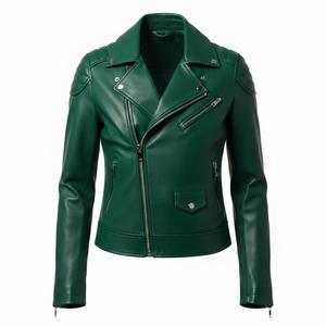All Season Green Leather Motorcycle Jacket Women Custom Service Bulk Quantity Wholesale Factory Genuine Leather Biker Style - Product Image 2