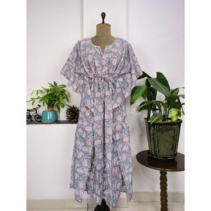 Vestido Kaftán de Algodón Puro, Estampado Floral Indio, para Playa, Cómodo, para Maternidad, Color Gris Acero, Estampado Floral de Jardín - Product Image 4