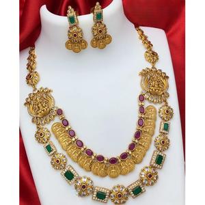 Conjunto de collar con acabado mate de latón de templo tradicional de excelente calidad con pendientes para fiesta de mujer, boda y fiesta - Product Image 1