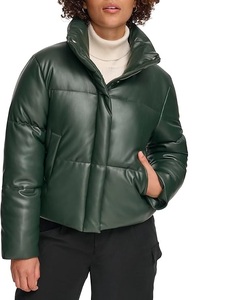 Women's Leather Cropped Full-Zip Puffer Jacket Reversible Long Sleeve Pullover <b>Quilted</b> Matte Coats Winter Fancy Hooded Design - Product Image 1