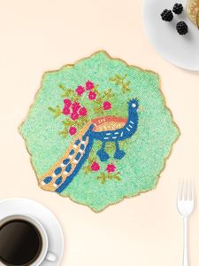Peacock Design Pattern Wedding Christmas Decoration Family Gatherings Parties Glass Beaded Polyester Mats Pads Dining <b>Table</b> - Product Image 5