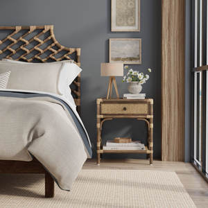 20 ''Table de chevet antique au design scandinave en bois massif avec osier/rotin meubles de chambre à coucher réglables pour usage domestique - Product Image 1