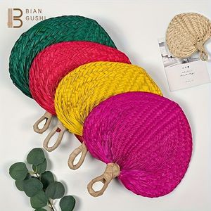 Artisanat traditionnel vietnamien couleur naturelle bambou raphia ventilateur été main feuille de palmier paille rotin tissé ventilateurs - Product Image 6