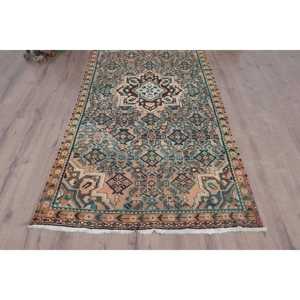 Alfombra Turca Vintage, Alfombra de 4x8.7 pies, Alfombra Sólida Azul Marrón - Product Image 1