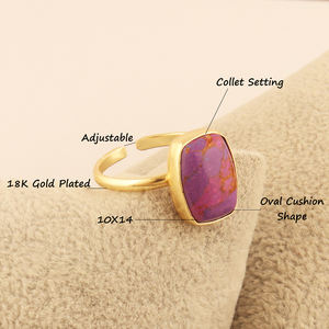 Classique Simple Design 10x14mm Ovale Coussin Forme Synthétique Violet Turquoise Anneau 18k Plaqué Or Collet Réglage Anneau Réglable - Product Image 2