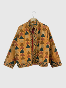 Chaqueta con Cuello Mao y Patrón Geométrico Bordado a Mano, Manga Larga, Estilo Blusón de Terciopelo para Adultos, Ropa de Otoño - Product Image 1