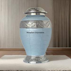 Urna de cremación de Color esmaltado azul cielo para cenizas con tapa, banda grabada Floral plateada, urnas decorativas para cenizas de recuerdo de entierro funerario - Product Image 2