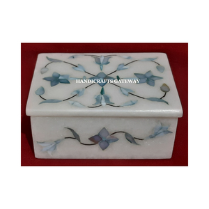Boîte à bijoux incrustée de nacre en marbre blanc avec motif de fleurs faites à la main en forme de rectangle utilisée pour l'emballage de montres et les cadeaux. - Product Image 1