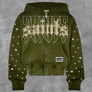 Sweat à capuche zippé en molleton français 450 g/m², coupe courte et ample, effet délavé soleil, strass et délavage acide, mélange de coton, style streetwear personnalisé - Product Image 5