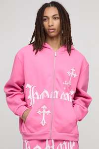 <b>Pink</b> Zip Up Blend High Quality Cotton Polyester <b>Hoodie</b> Unisex <b>Men</b> Screen Printing With Stones Custom Hoodies Wholesale - Product Image 2